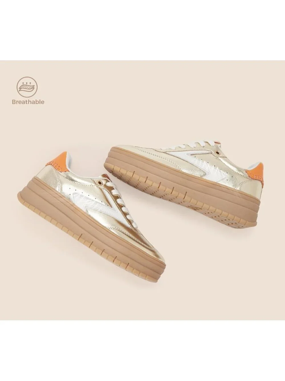 🆕Women's White Gold Platform Sneakers Gum Thick Sole Tennis Walking Shoes
